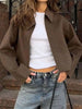 Brown Zipper Woolen Jacket For Women Elegant Lapel Long Sleeve Short Coats Vintage Autumn Lady Street Outerwear