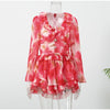 Women Elegant Floral A-line Pleated Dress Sexy Long-sleeved Waist Cinching Ruffle Mini Dresses Lady Vacation Street Gowns