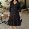Women's Pleated Midi Dress Elegant V-Neck 3/4 Sleeve Button Up A-Line Dresses Office Commuting Wear Woman Clothing S-3XL
