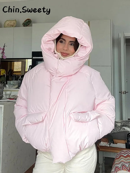 Warm Women's Hooded Cotton Padded Coats Loose Solid Stand Collar Full Sleeve Zipper Pockets Coat Autumn Winter Lady Outwear