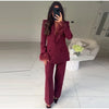 Chic Feather Blazer Pants Set Women Lapel Shoulder Pads Full Sleeve Jacket Pocket Straight Pant Spring Autumn Lady Suit