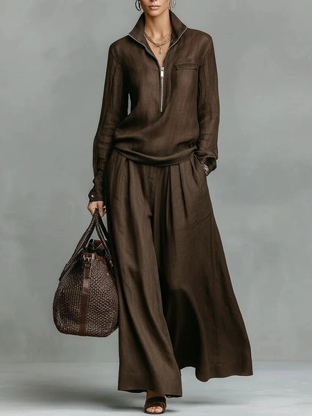Elegant Solid Loose Two Piece Set Lapel Zipper Pullover & Wide-leg Pant Suit Women Casual Long Sleeve Outfits
