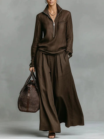 Elegant Solid Loose Two Piece Set Lapel Zipper Pullover & Wide-leg Pant Suit Women Casual Long Sleeve Outfits