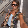Printed Faux Fur Splicing Jacket Autumn Winter V-neck Slim Waist Cinched Full Sleeve Cropped Coat Women's Outwear