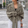 Solid Lapel Lace Up Trench Coat Women Casual Long Sleeve Short Loose Short Coat Lady Autumn Daily Commute Street Outwear