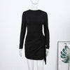Sexy Pleated Ribbon Short Dress Women Solid Long Sleeve Slim Empire Hip Package Party Dress Spring Night Club Robe