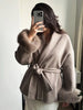 Elegant Lace Up Woolen Coat Women Furry Lapel Fur Patchwork Belt Loose Short Jacket Female Lady Autumn Winter Cardigans