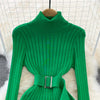 Turtleneck Sexy Wrap Hips Knitted Dresses Women Autumn Winter Long Sleeve Bodycon Sweater Dress with Belt