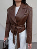 Burgundy PU Jacket Women Autumn Slim Lace Up Blazer Top Fall Casual Leather Jackets Coat Femme