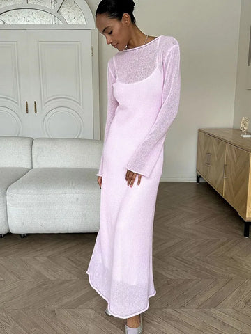 Spring Autumn O-Neck Elastic Knit Long Dresses Women Elegant Chic Soft Lady Hollowing Sweater Dresses Femme