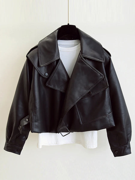 Spring Women Faux Leather Jacket Biker Red White Coat Turndown Collar PU Motorcycle Jackets Loose Streetwear Outerwear