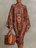 Women's Vintage Elegant Printed High Neck Kaftan Dress Long Sleeves Loose Elegant Evening Midi Dresses Robe