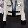 Autumn Women's Blocking Tweed Short Suit Coat V-Neck White Streetwear Elegant Casual Slim Outwear Crop Top