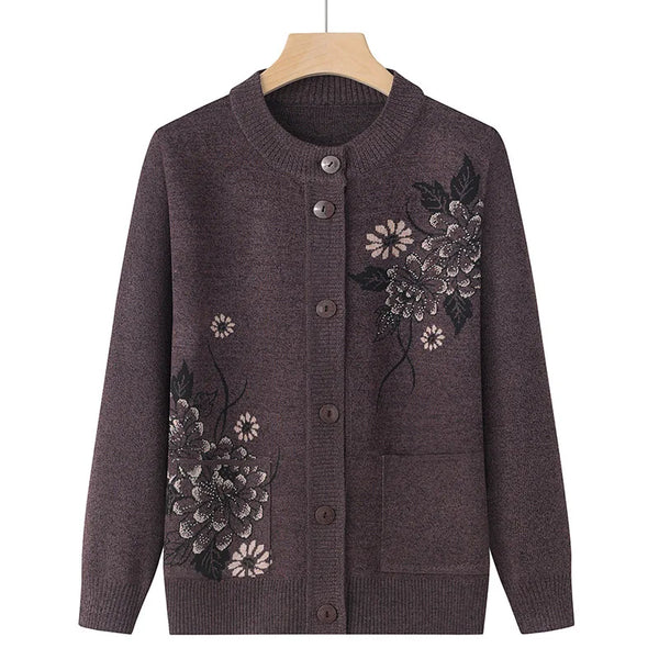 Korean Women's Clothes Knit Woolen Printed Cardigan Coat Middle Aged Mother Knitwear Tops Vintage Grandma Sweater Jacket