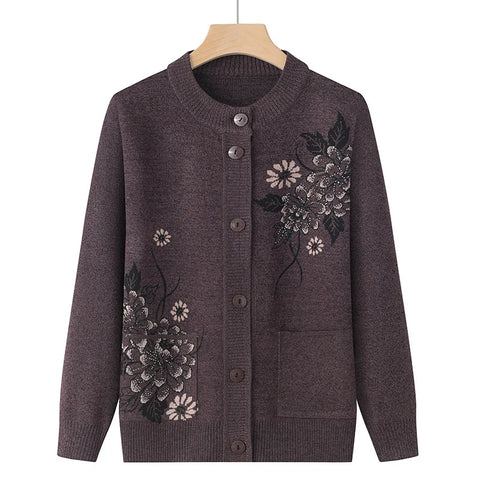 Korean Women's Clothes Knit Woolen Printed Cardigan Coat Middle Aged Mother Knitwear Tops Vintage Grandma Sweater Jacket