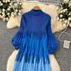Tassel Patchwok Color Block Dress for Women Pleated Puff Sleeve Mid-calf Dresses Female Autumn