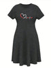 Women's Four Seasons Love at First Sight Heartbeat Printed Casual Loose Black Short Sleeved Large Short Skirt Dress