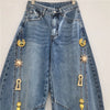 Chic Y2K Style Metal Decoration Washed Blue Women's Stacked Jeans Pants For Woman Clothing Wide Leg Vintage Denim Trouserso