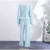 Elegant Woolen Top Pants Women Sets Chic Long Sleeve Slash Neck Pleated Blouse Straight Trousers Autumn Winter Lady Suit