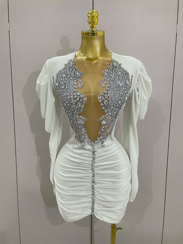 Sparkly Crystals Sexy Mesh White Velvet Short Dress Women Elegant Evening Prom Birthday Party Dresses Stage Costume