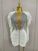 Sparkly Crystals Sexy Mesh White Velvet Short Dress Women Elegant Evening Prom Birthday Party Dresses Stage Costume