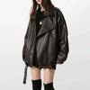 Fall Winter Women's Faux Leather Jacket Individuality Asymmetrical Stand Collar Loose Lady Coat Long Sleeve Bomber Outwear