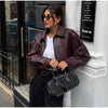 Retro Wine Red Pu Leather Short Jacket Women Chic Lapel Collar Zipper Button Loose Overcoats Autumn Ladies High Street Outerwear