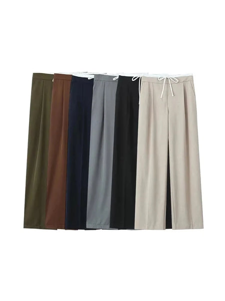 Women's Double Waistband Wide Leg Pants, High Elastic Waist With Drawstring, Side Pockets, Female Trousers, Chic