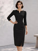 Women’s Elegant V Neck Autumn Solid Color Midi Dress Button Detail Pencil Dress Suitable for Office Work and Business Occasions