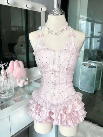 French Style Sweet Cute Polka Dot Splicing Dress Lace Bow Korean Dresses Slim Waist Lady Y2k Mini Dress