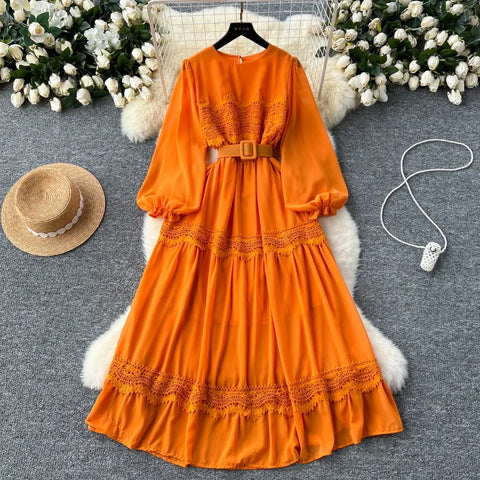 French Vintage O Neck Hollow Out Lace Patchwork Long Lantern Sleeves Korean Dresses Women's Autumn Waist Sweet Clothing