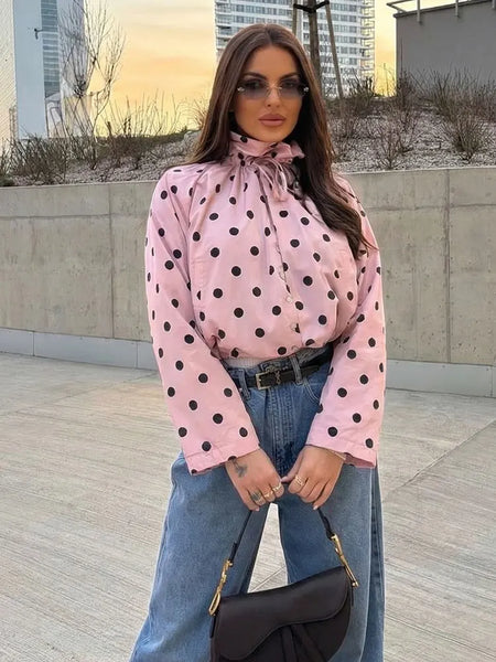 Women Elegant Polka Dot Pink Jacket Single Breasted High Collar Drawstring Coat Spring Lady Street Outwear