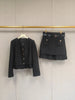 Women Black Pleated Splices Tweed Jacket or Skirt O-Neck Single Breasted Coat or High Waist Belt Short Jupe