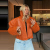 Street Print Pu Leather Women Jacket Stand Collar Long Sleeve Patchwork Female Coat Autumn Winter Lady Streetwear