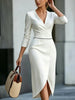 Spring and Autumn Women's Clothing, Solid Color V-Neck Slit Dress, Elegant and Slim-Fitting French-Style Dress for Work