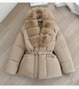 Winter Women Short Puffer Jacket Faux Fur Lapel Collar Waist Belt Design Solid Color Warm Elegant Daily Ladies Outerwear