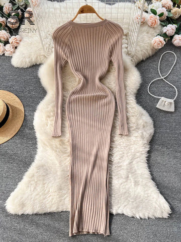 Winter Women Knit Maxi Dress O Neck Autumn Long Sleeve Slim Solid Harajuku Ladies Pencil Sweater Long Dresses