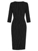 Women Elegant Round Neck 3/4 Sleeve Ruched Black Diagonal Striped Slim Bodycon Business Casual Pencil Midi Dress