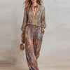 Boho Paisley Print Two-Piece Set for Women Sexy V-Neck Long Sleeve Blouse Top & Wide Leg Pants Casual Loose Suit for Vacation