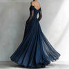 Sexy Navy Blue Tulle Evening Dress Off the Shoulder Full Sleeves A-Line Pleated Prom Gowns Women's Party Gown Dresses