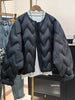 Autumn Winter Lightweight Wave Quilted Puffer Jacket Women Loose Round Neck Short White Duck Down Coat Outwear