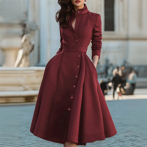 Women's High Waist Belted Stand Collar A-Line Party Dress Long Sleeves Buttoned Solid Color Evening Wedding Midi Dresses