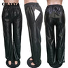 Women Faux Leather Straight High Waist PU Pants Elegant Autumn Winter Solid Wide Leg Black Trousers