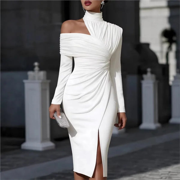 Women's Elegant Off Shoulder High Neck Midi Dress Long Sleeve Ruched Bodycon Package Hip Dress With Slit Formal Party Dress