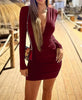 A European women's dress featuring V-neck, sexy long-sleeved solid color, high waist and short hips