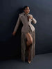 Women Two-Piece Set Turn‑Down Collar Long Sleeve Cinched Waist Blazer Maxi Fringe Slit Skirts Elegant Chic Outfits