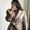 Elegant Lace Up Woolen Coat Women Furry Lapel Fur Patchwork Belt Loose Short Jacket Female Lady Autumn Winter Cardigans