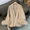Natural Fox Fur Thick Double-sided Wool Coat Female Short Autumn Winter Loose Lace-up Woolen Coats Women Overcoats
