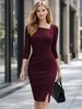 Womens Elegant Cutout Neck 2/3 Sleeve Work Office Knee Length Split Business Casual Party Ruched Pencil Bodycon Sheath Dress