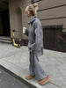 Women's Autumn Winter Collared Half Zip Ribbed Knit 2-Piece Set Oversized Wide Leg Pants Sweater Suit
